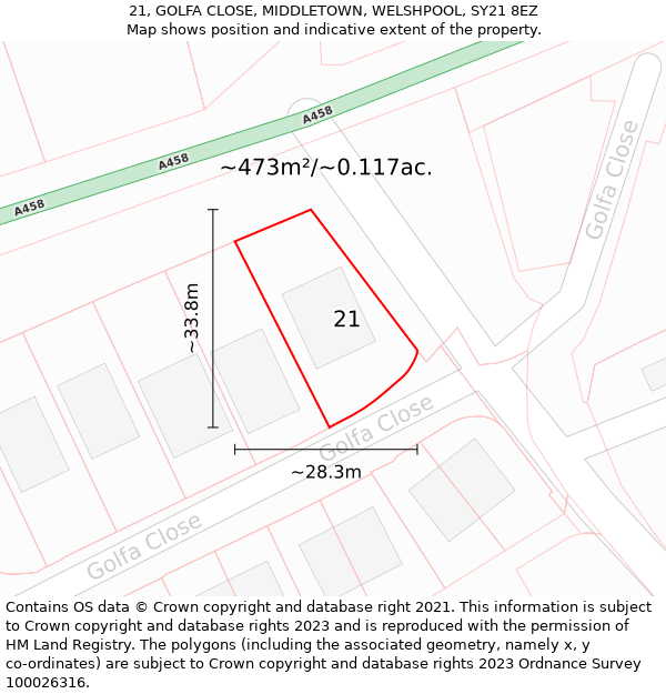 21, GOLFA CLOSE, MIDDLETOWN, WELSHPOOL, SY21 8EZ: Plot and title map