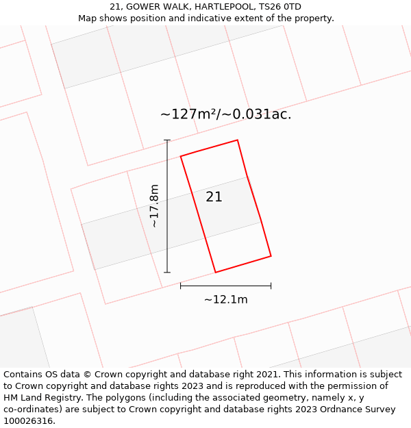 21, GOWER WALK, HARTLEPOOL, TS26 0TD: Plot and title map