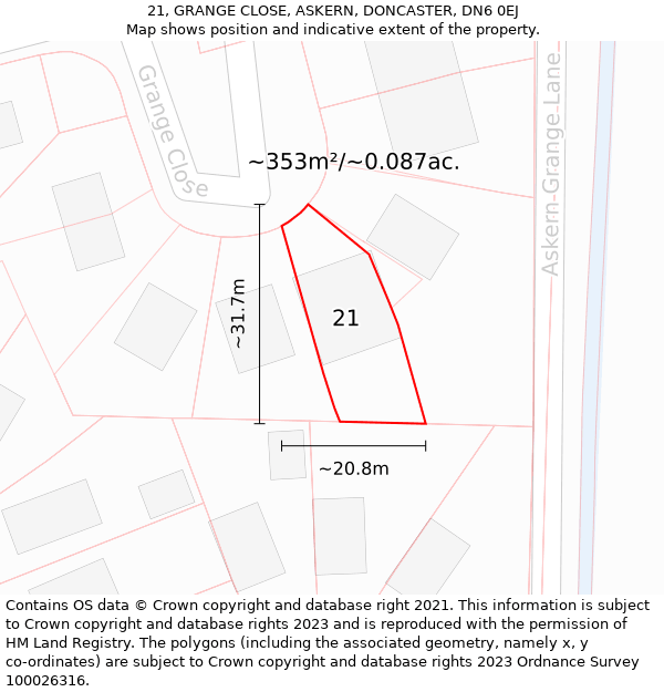 21, GRANGE CLOSE, ASKERN, DONCASTER, DN6 0EJ: Plot and title map