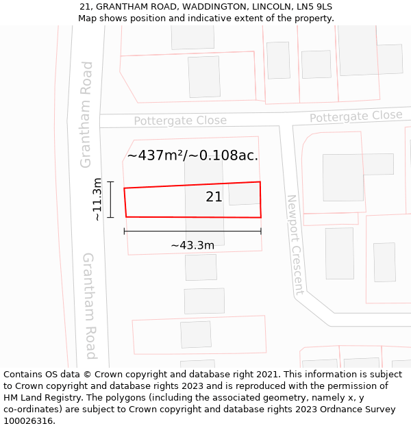 21, GRANTHAM ROAD, WADDINGTON, LINCOLN, LN5 9LS: Plot and title map