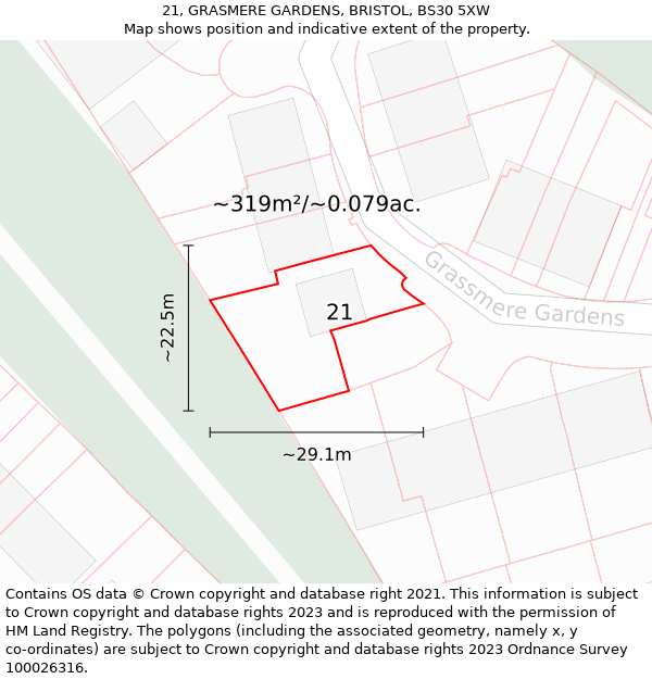 21, GRASMERE GARDENS, BRISTOL, BS30 5XW: Plot and title map