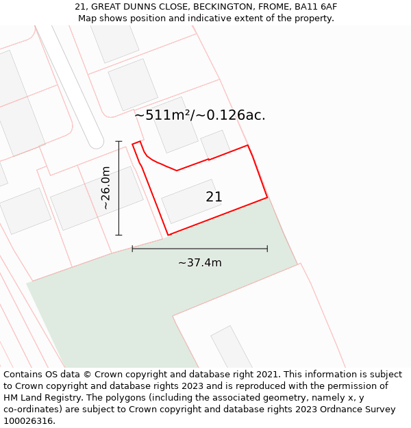 21, GREAT DUNNS CLOSE, BECKINGTON, FROME, BA11 6AF: Plot and title map