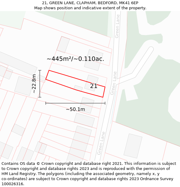 21, GREEN LANE, CLAPHAM, BEDFORD, MK41 6EP: Plot and title map