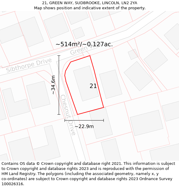 21, GREEN WAY, SUDBROOKE, LINCOLN, LN2 2YA: Plot and title map