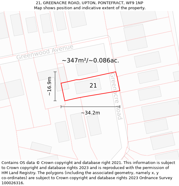 21, GREENACRE ROAD, UPTON, PONTEFRACT, WF9 1NP: Plot and title map