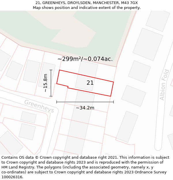 21, GREENHEYS, DROYLSDEN, MANCHESTER, M43 7GX: Plot and title map