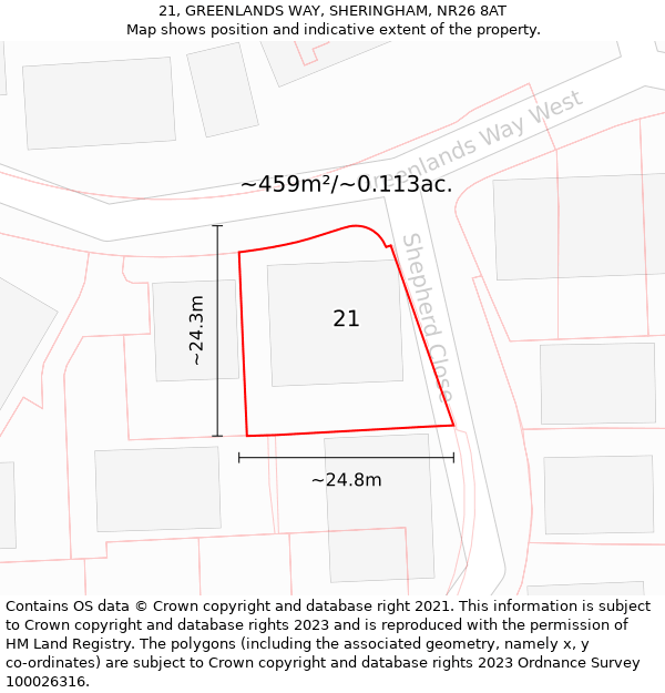 21, GREENLANDS WAY, SHERINGHAM, NR26 8AT: Plot and title map