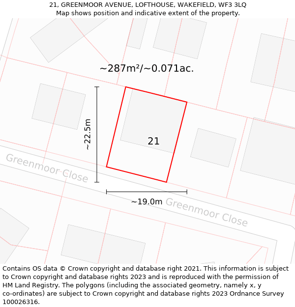 21, GREENMOOR AVENUE, LOFTHOUSE, WAKEFIELD, WF3 3LQ: Plot and title map