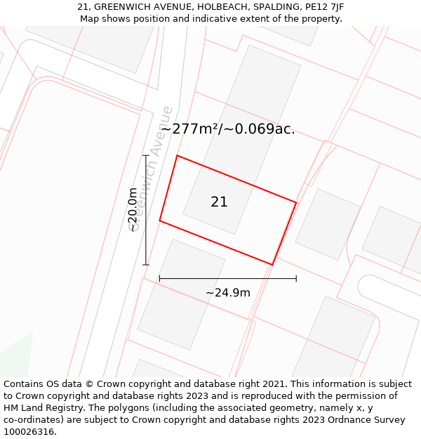 21, GREENWICH AVENUE, HOLBEACH, SPALDING, PE12 7JF: Plot and title map