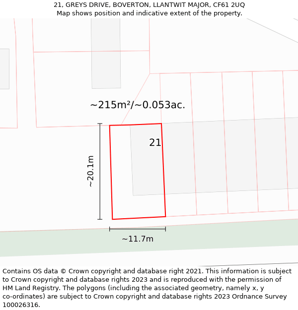 21, GREYS DRIVE, BOVERTON, LLANTWIT MAJOR, CF61 2UQ: Plot and title map