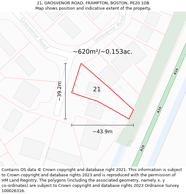 21, GROSVENOR ROAD, FRAMPTON, BOSTON, PE20 1DB: Plot and title map