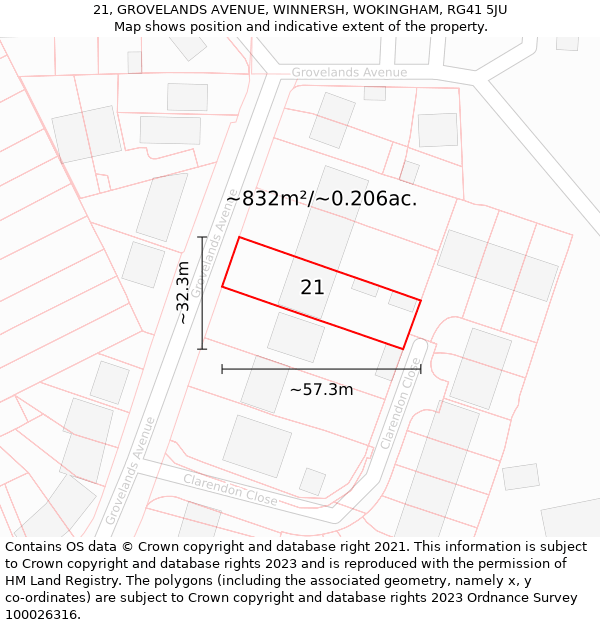 21, GROVELANDS AVENUE, WINNERSH, WOKINGHAM, RG41 5JU: Plot and title map