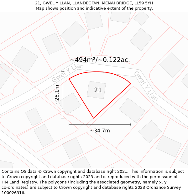 21, GWEL Y LLAN, LLANDEGFAN, MENAI BRIDGE, LL59 5YH: Plot and title map