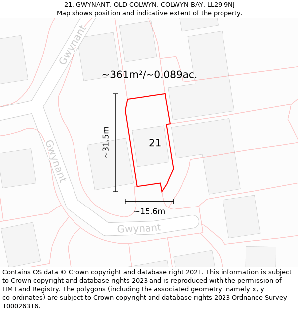 21, GWYNANT, OLD COLWYN, COLWYN BAY, LL29 9NJ: Plot and title map