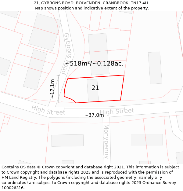 21, GYBBONS ROAD, ROLVENDEN, CRANBROOK, TN17 4LL: Plot and title map