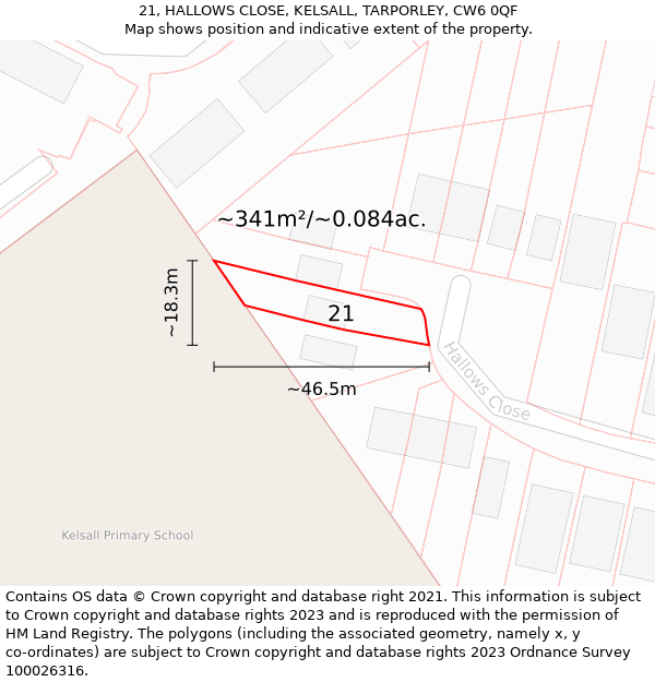 21, HALLOWS CLOSE, KELSALL, TARPORLEY, CW6 0QF: Plot and title map
