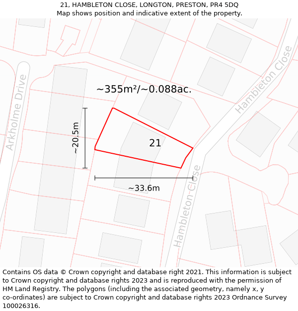 21, HAMBLETON CLOSE, LONGTON, PRESTON, PR4 5DQ: Plot and title map