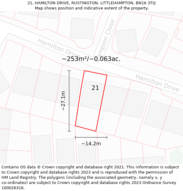 21, HAMILTON DRIVE, RUSTINGTON, LITTLEHAMPTON, BN16 3TQ: Plot and title map