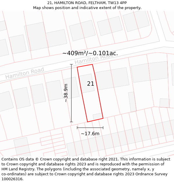 21, HAMILTON ROAD, FELTHAM, TW13 4PP: Plot and title map