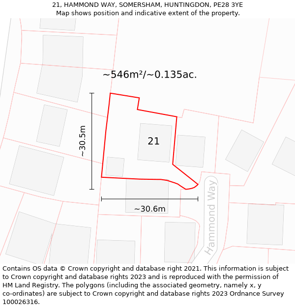 21, HAMMOND WAY, SOMERSHAM, HUNTINGDON, PE28 3YE: Plot and title map