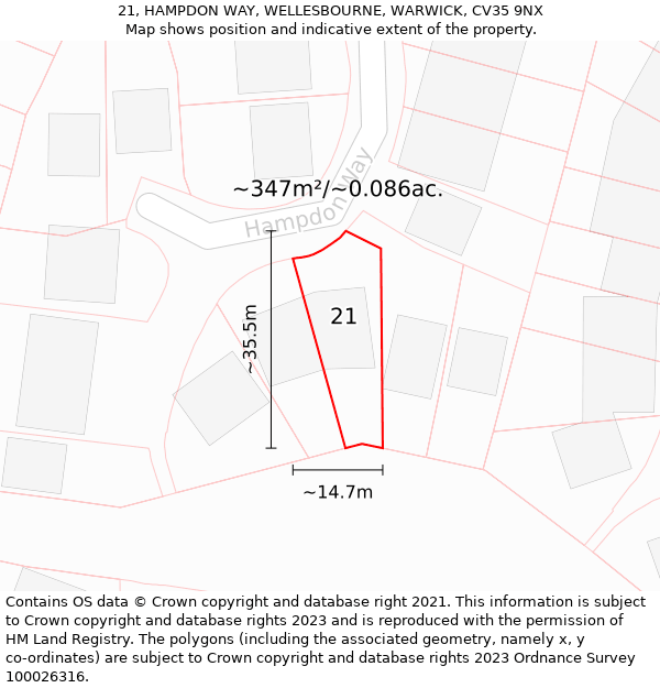 21, HAMPDON WAY, WELLESBOURNE, WARWICK, CV35 9NX: Plot and title map