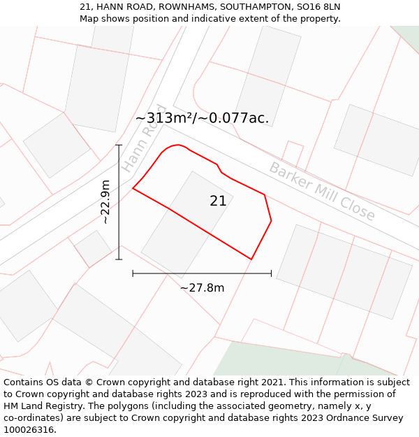 21, HANN ROAD, ROWNHAMS, SOUTHAMPTON, SO16 8LN: Plot and title map