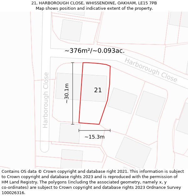 21, HARBOROUGH CLOSE, WHISSENDINE, OAKHAM, LE15 7PB: Plot and title map