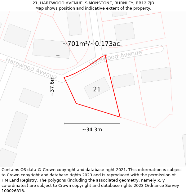 21, HAREWOOD AVENUE, SIMONSTONE, BURNLEY, BB12 7JB: Plot and title map