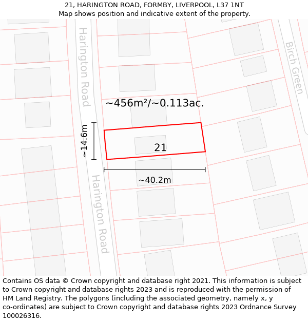 21, HARINGTON ROAD, FORMBY, LIVERPOOL, L37 1NT: Plot and title map