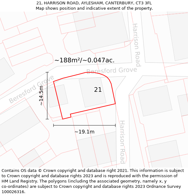 21, HARRISON ROAD, AYLESHAM, CANTERBURY, CT3 3FL: Plot and title map