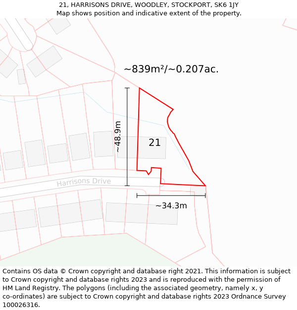 21, HARRISONS DRIVE, WOODLEY, STOCKPORT, SK6 1JY: Plot and title map