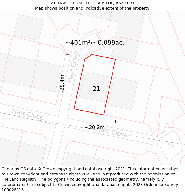 21, HART CLOSE, PILL, BRISTOL, BS20 0BY: Plot and title map