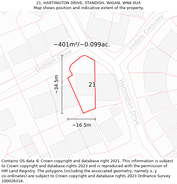 21, HARTINGTON DRIVE, STANDISH, WIGAN, WN6 0UA: Plot and title map