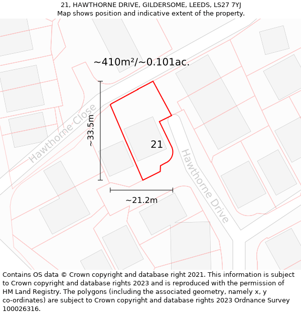 21, HAWTHORNE DRIVE, GILDERSOME, LEEDS, LS27 7YJ: Plot and title map