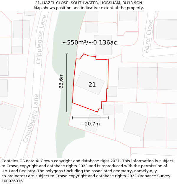 21, HAZEL CLOSE, SOUTHWATER, HORSHAM, RH13 9GN: Plot and title map