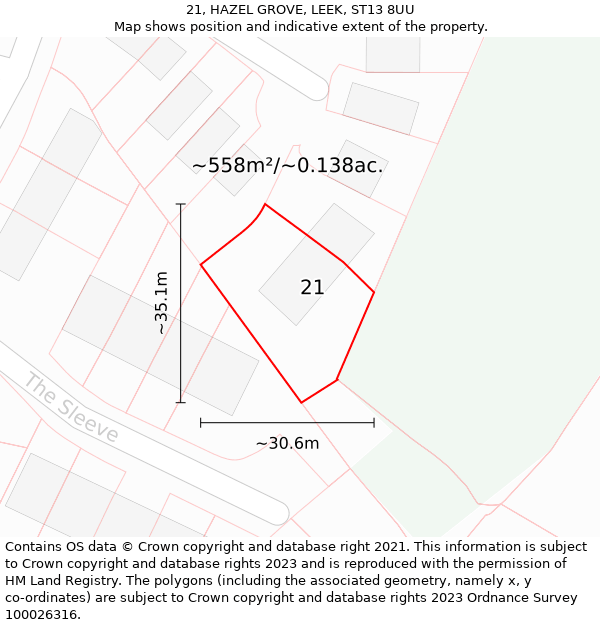 21, HAZEL GROVE, LEEK, ST13 8UU: Plot and title map