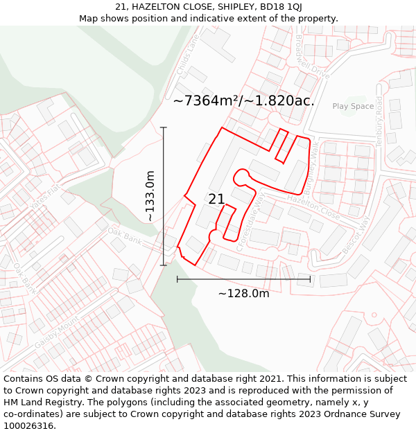 21, HAZELTON CLOSE, SHIPLEY, BD18 1QJ: Plot and title map