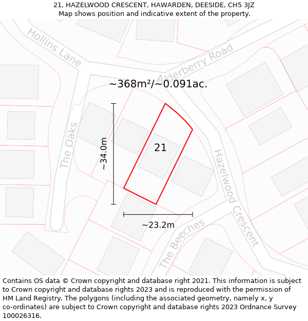 21, HAZELWOOD CRESCENT, HAWARDEN, DEESIDE, CH5 3JZ: Plot and title map