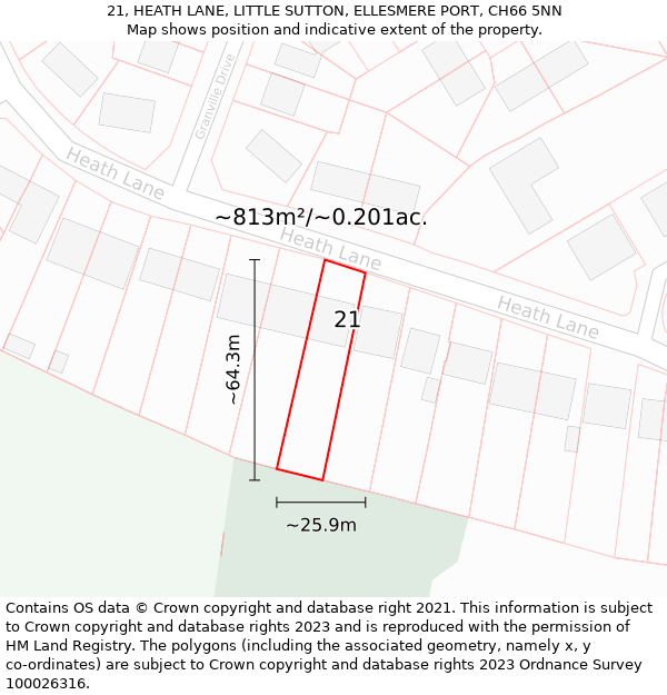 21, HEATH LANE, LITTLE SUTTON, ELLESMERE PORT, CH66 5NN: Plot and title map