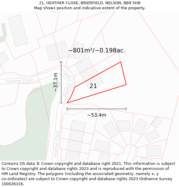 21, HEATHER CLOSE, BRIERFIELD, NELSON, BB9 5HB: Plot and title map