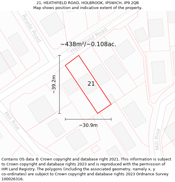 21, HEATHFIELD ROAD, HOLBROOK, IPSWICH, IP9 2QB: Plot and title map