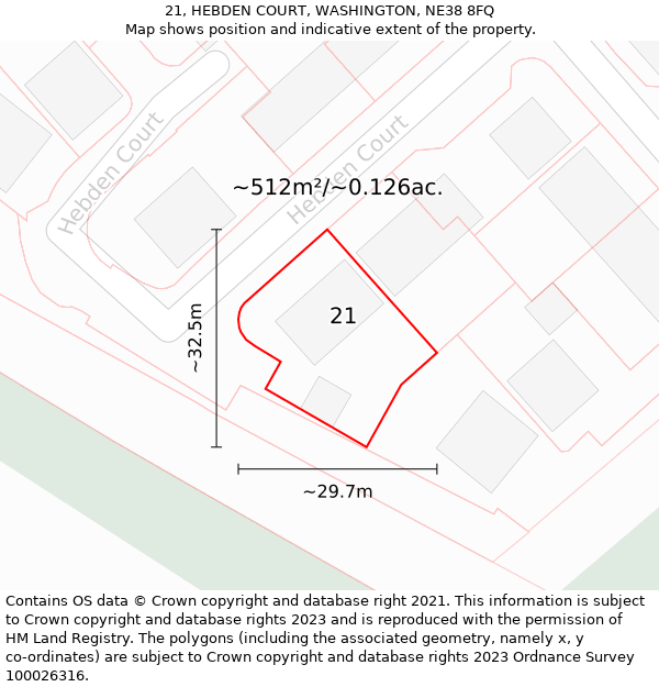 21, HEBDEN COURT, WASHINGTON, NE38 8FQ: Plot and title map