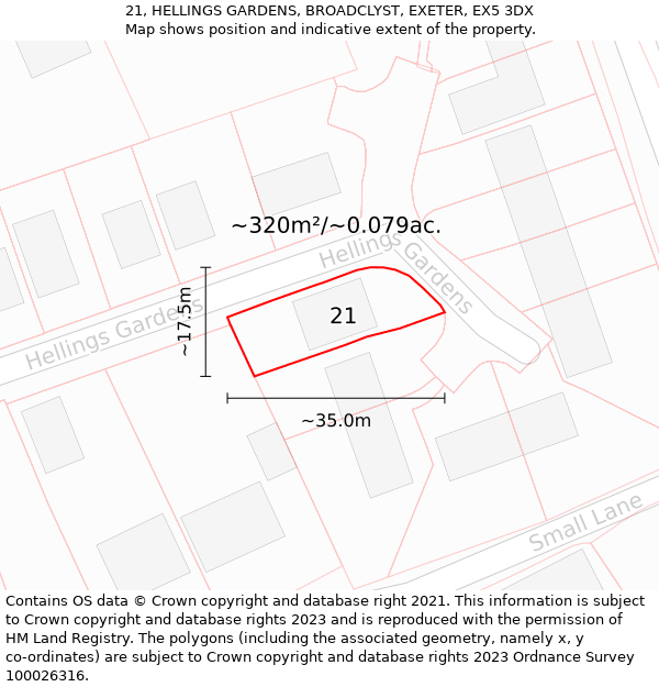 21, HELLINGS GARDENS, BROADCLYST, EXETER, EX5 3DX: Plot and title map