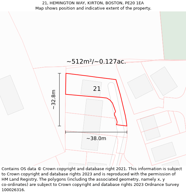 21, HEMINGTON WAY, KIRTON, BOSTON, PE20 1EA: Plot and title map