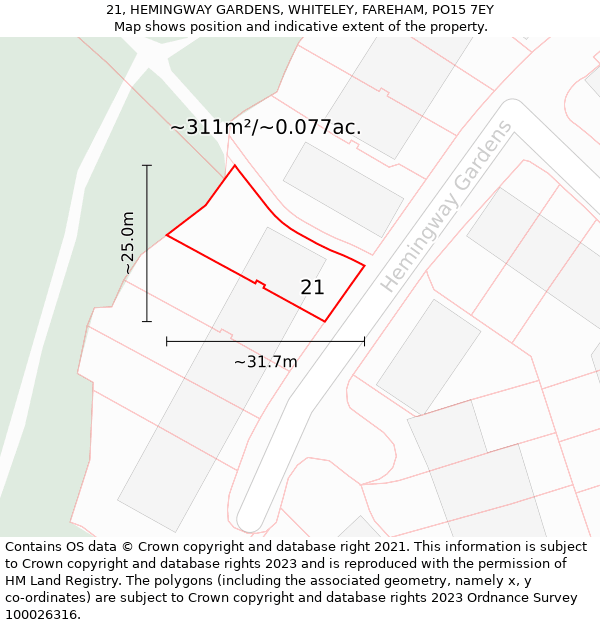 21, HEMINGWAY GARDENS, WHITELEY, FAREHAM, PO15 7EY: Plot and title map