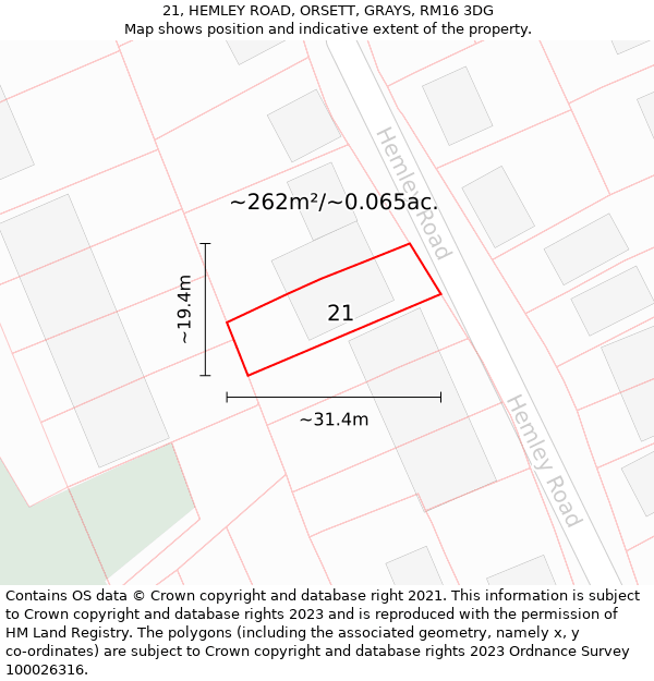 21, HEMLEY ROAD, ORSETT, GRAYS, RM16 3DG: Plot and title map