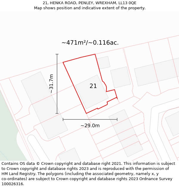 21, HENKA ROAD, PENLEY, WREXHAM, LL13 0QE: Plot and title map