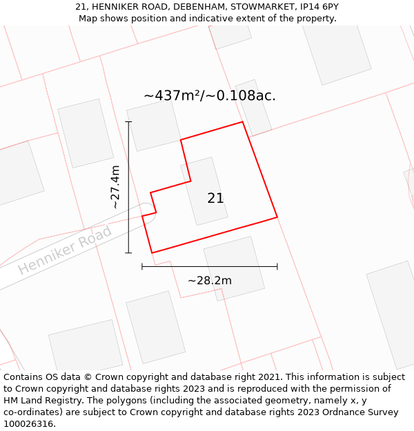 21, HENNIKER ROAD, DEBENHAM, STOWMARKET, IP14 6PY: Plot and title map