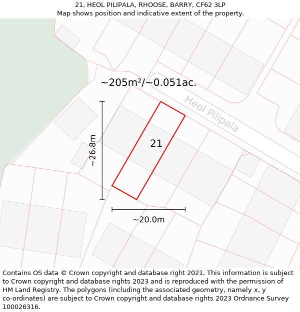 21, HEOL PILIPALA, RHOOSE, BARRY, CF62 3LP: Plot and title map