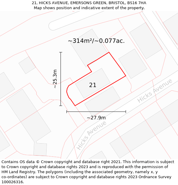 21, HICKS AVENUE, EMERSONS GREEN, BRISTOL, BS16 7HA: Plot and title map